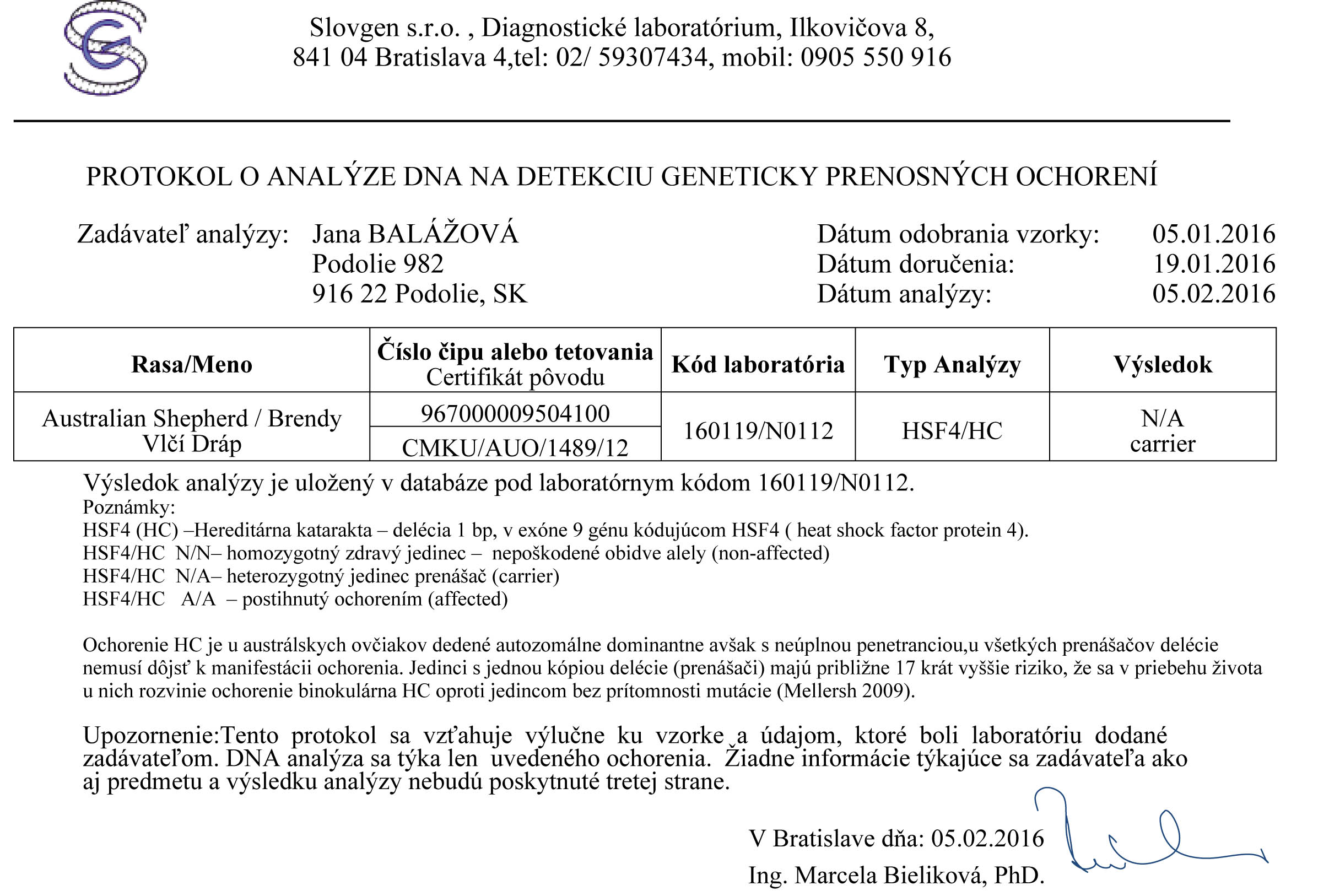 Results of DNA test for HSF4