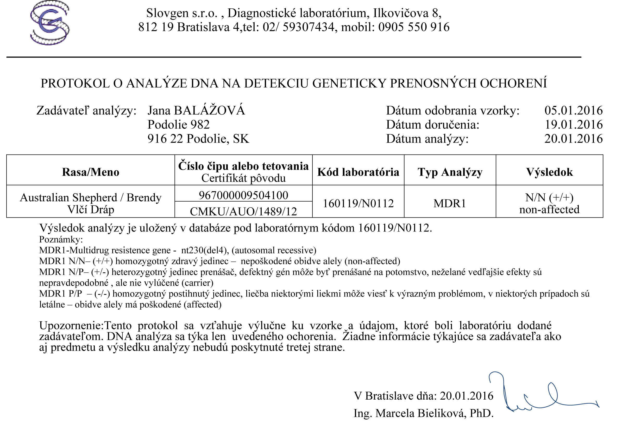 Výsledky DNA testov na MDR1
